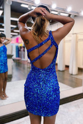 Bling Sheath One Shoulder Royal Blue Sequins Short Homecoming Dress with Keyhole